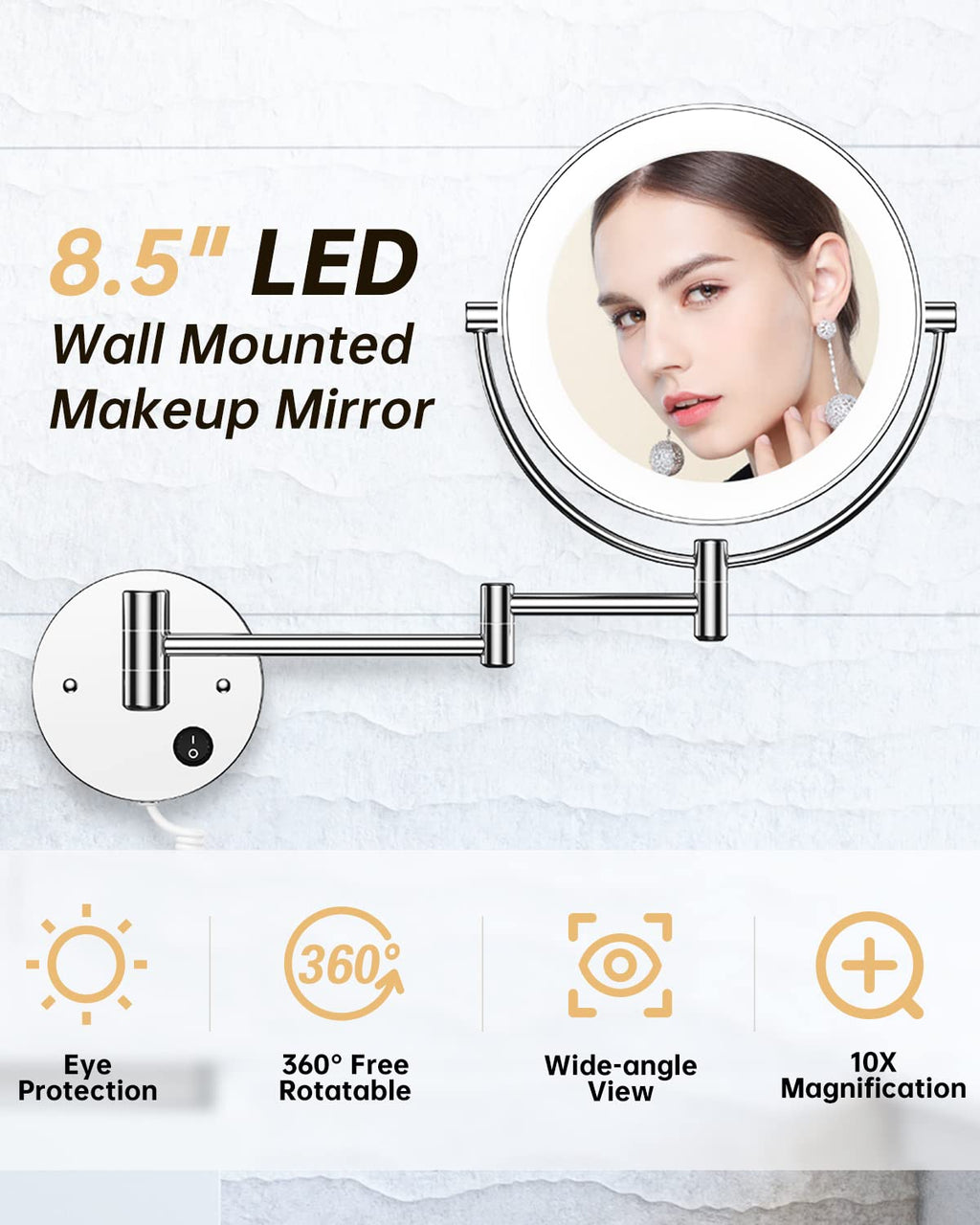 Gospire 9” Wall Mounted Lighted 1X/10X Magnifying Mirror with Touch Sensor