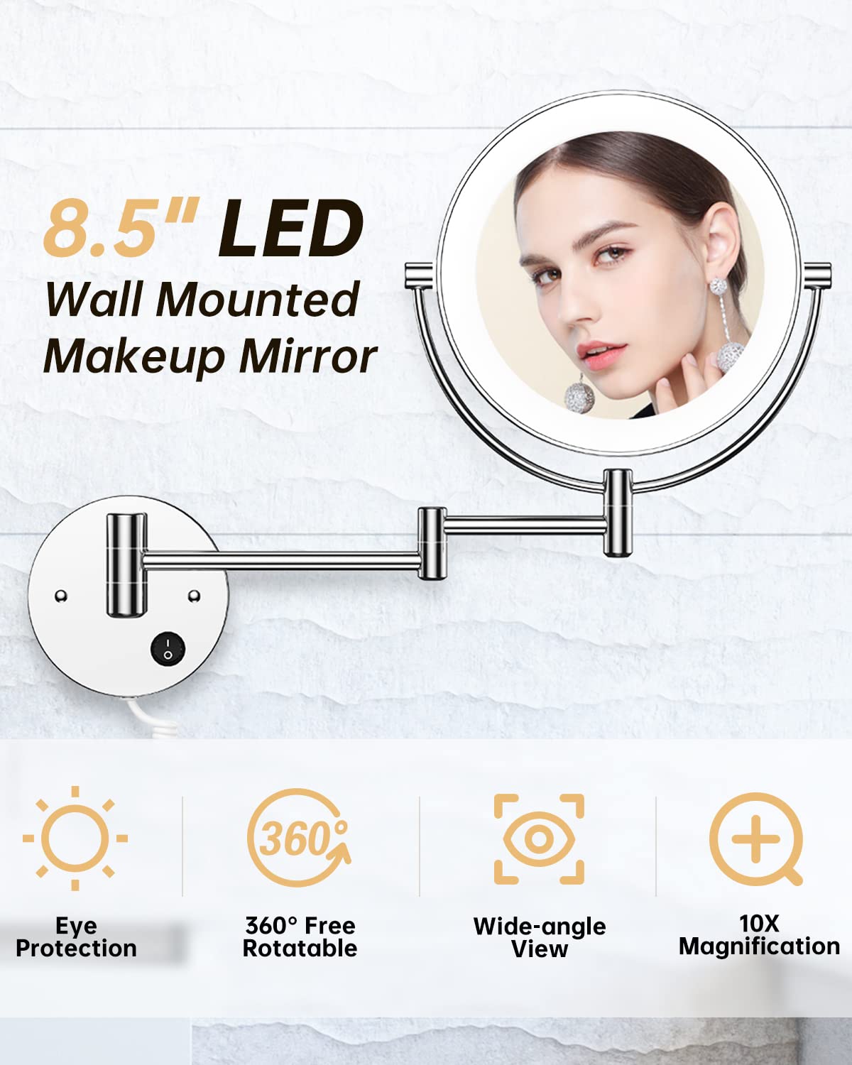 Gospire 9” Wall Mounted Lighted 1X/10X Magnifying Mirror with Touch Sensor