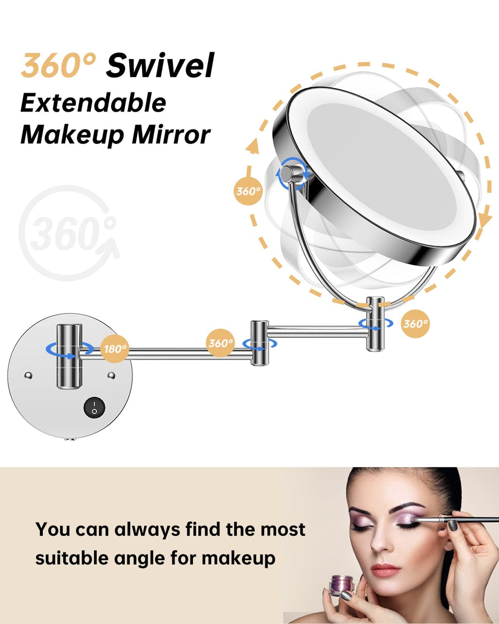Gospire 9” Wall Mounted Lighted 1X/10X Magnifying Mirror with Touch Sensor