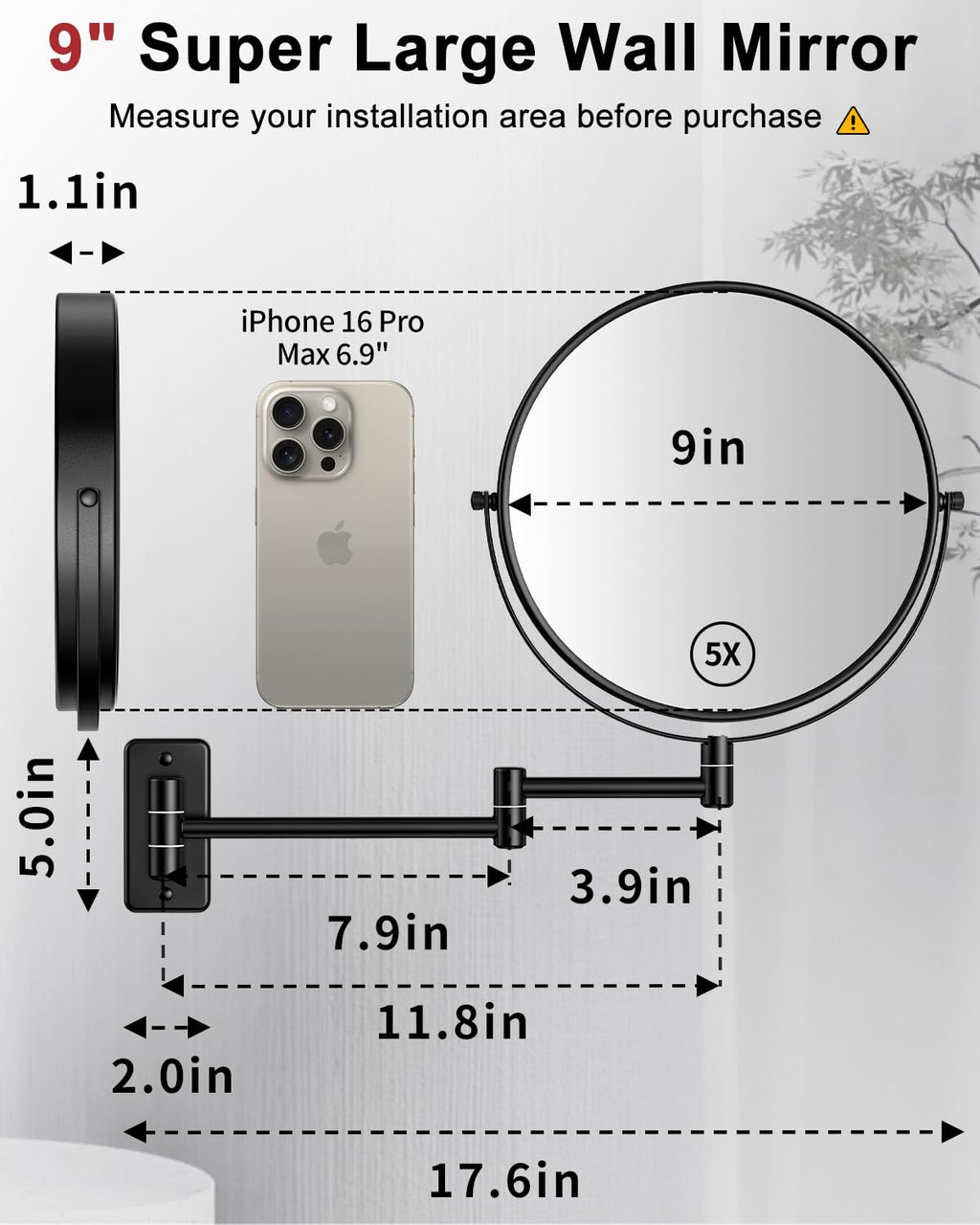 Gospire 9” Wall Mounted Lighted 1X/10X Magnifying Mirror with Touch Sensor