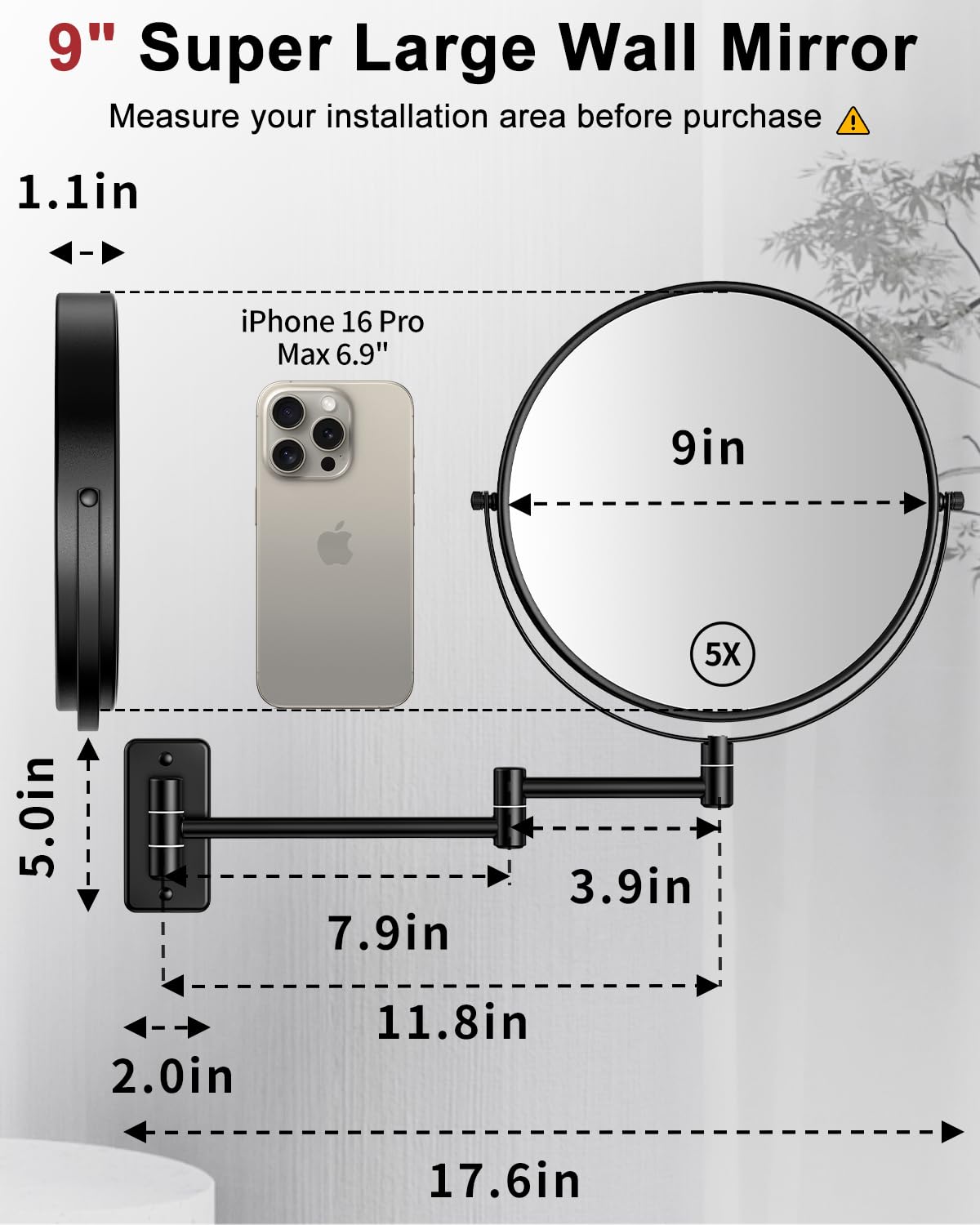 Gospire 9” Wall Mounted Lighted 1X/10X Magnifying Mirror with Touch Sensor