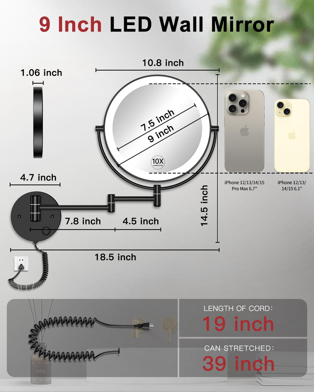Gospire 9” Wall Mounted Lighted 1X/10X Magnifying Mirror with Touch Sensor