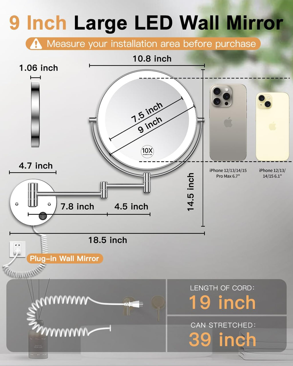 Gospire 9” Wall Mounted Lighted 1X/10X Magnifying Mirror with Touch Sensor
