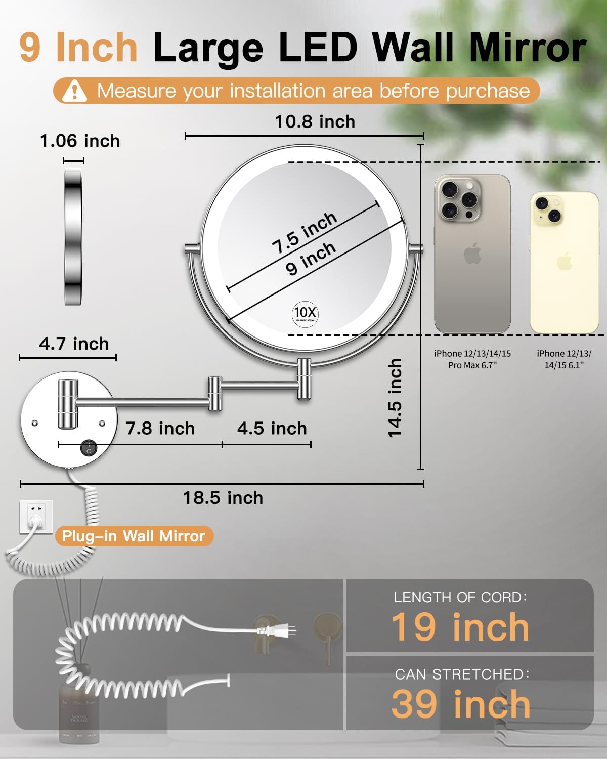 Gospire 9” Wall Mounted Lighted 1X/10X Magnifying Mirror with Touch Sensor