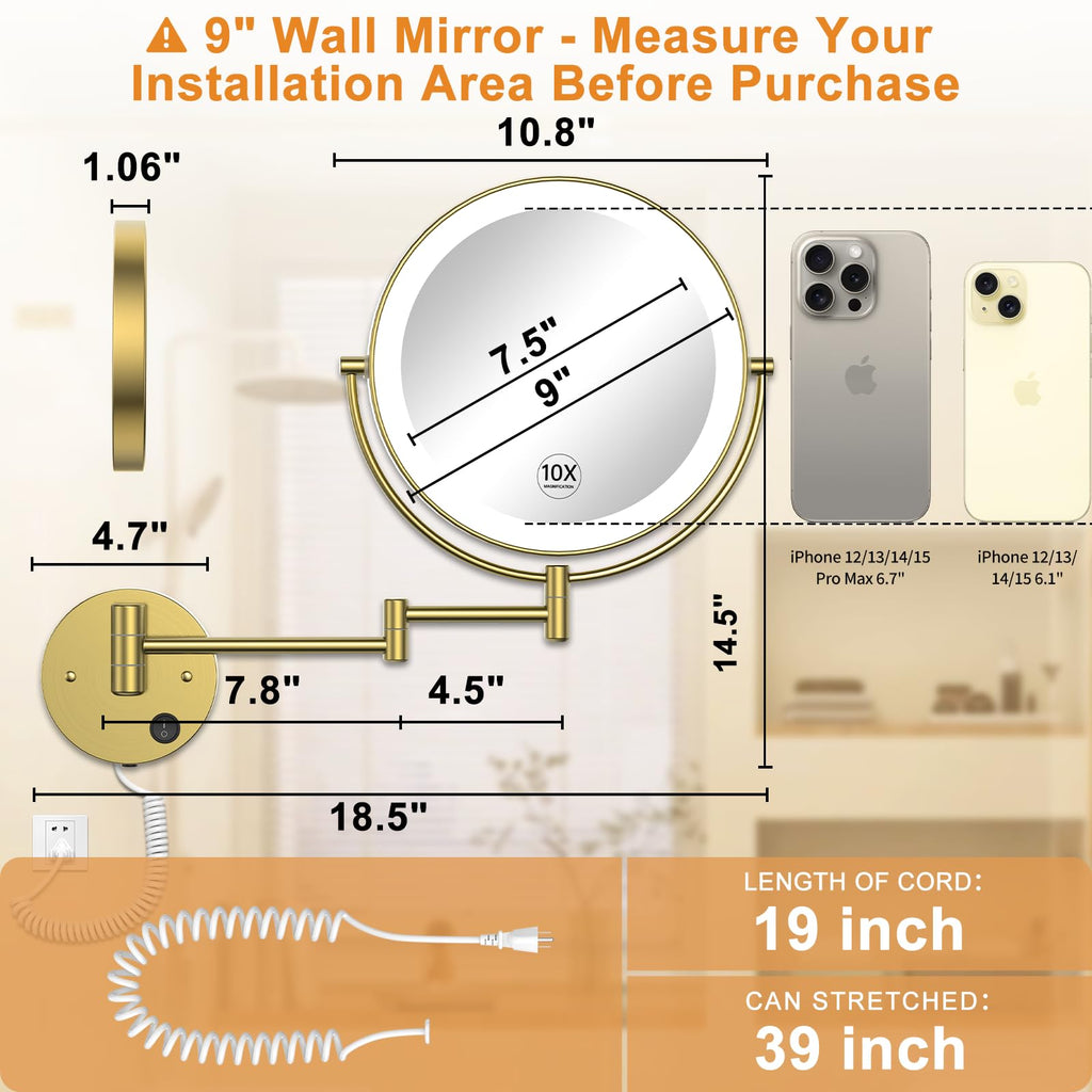 Gospire 9” Wall Mounted Lighted 1X/10X Magnifying Mirror with Touch Sensor