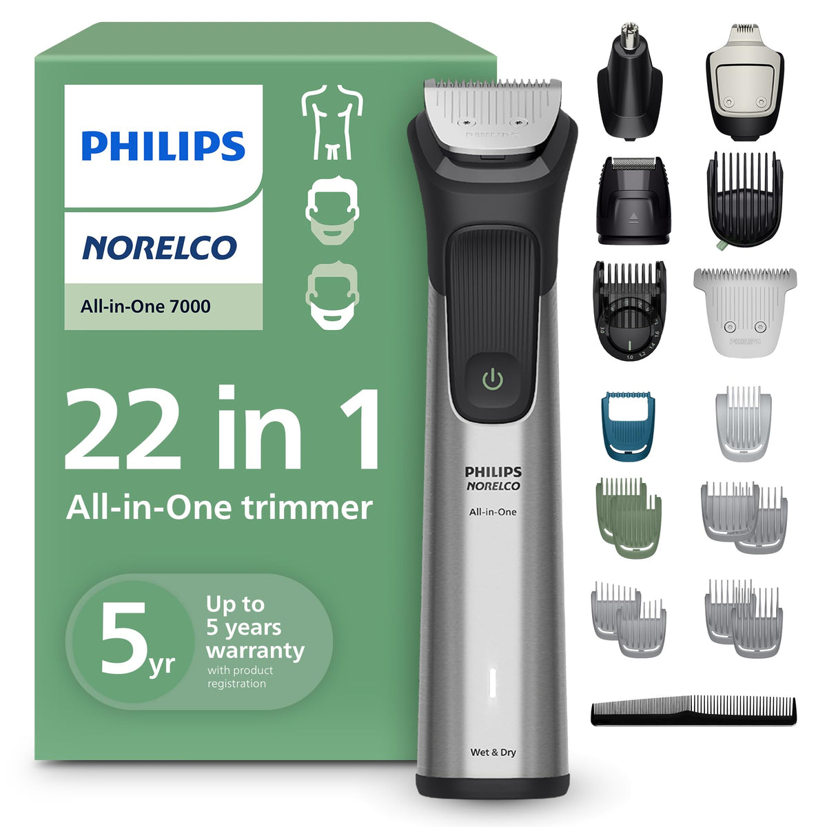 Norelco Philips Multigroom 7000 Series, All-in-One Trimmer, Beard Trimmer and Hair Clipper, 19-Piece Men's Grooming Kit for Beard, Head, Hair, Body, and Face, Soft Pouch, MG7910/49