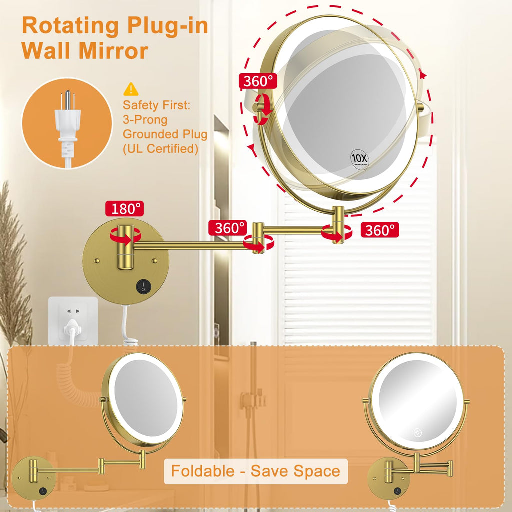 Gospire 9” Wall Mounted Lighted 1X/10X Magnifying Mirror with Touch Sensor