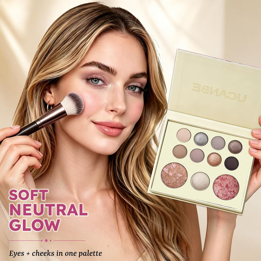 UCANBE Baked Makeup Palette Set - Include Blush, Highlighter, Bronzer, 8 Eyeshadows & Brushes, Pigmented All-in-One Face & Eye Powder Pallet Full Size Holiday Beauty Gift Kit, Travel Friendly