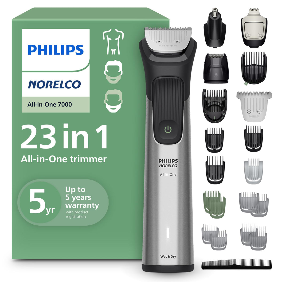 Norelco Philips Multigroom 7000 Series, All-in-One Trimmer, Beard Trimmer and Hair Clipper, 19-Piece Men's Grooming Kit for Beard, Head, Hair, Body, and Face, Soft Pouch, MG7910/49