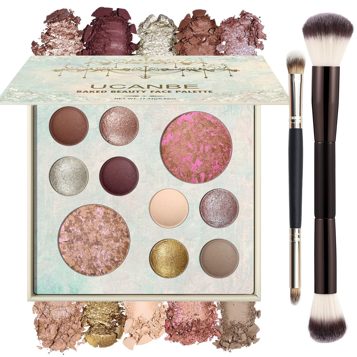 UCANBE Baked Makeup Palette Set - Include Blush, Highlighter, Bronzer, 8 Eyeshadows & Brushes, Pigmented All-in-One Face & Eye Powder Pallet Full Size Holiday Beauty Gift Kit, Travel Friendly