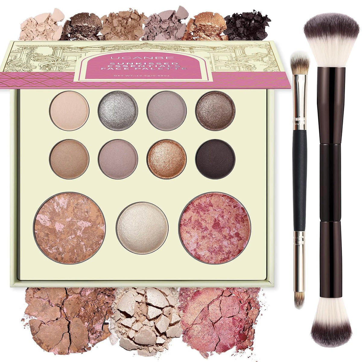 UCANBE Baked Makeup Palette Set - Include Blush, Highlighter, Bronzer, 8 Eyeshadows & Brushes, Pigmented All-in-One Face & Eye Powder Pallet Full Size Holiday Beauty Gift Kit, Travel Friendly
