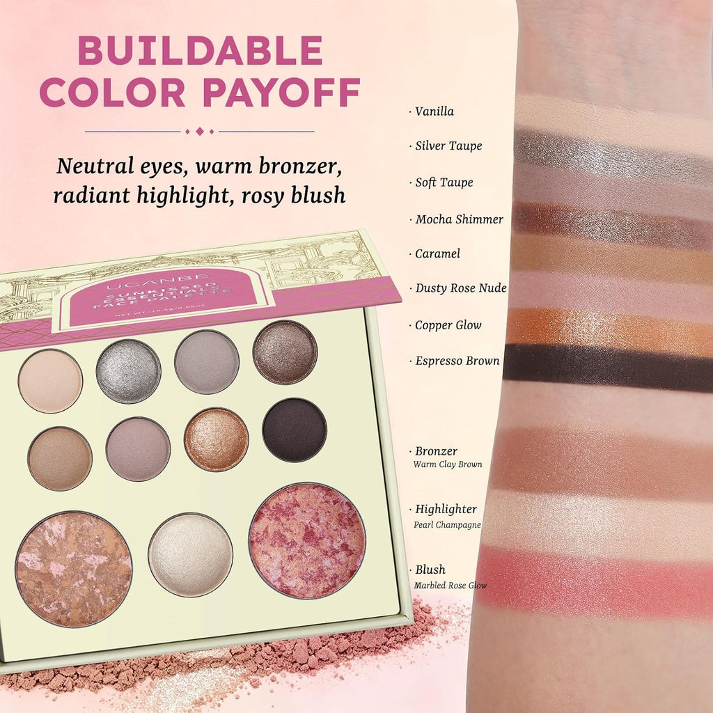 UCANBE Baked Makeup Palette Set - Include Blush, Highlighter, Bronzer, 8 Eyeshadows & Brushes, Pigmented All-in-One Face & Eye Powder Pallet Full Size Holiday Beauty Gift Kit, Travel Friendly