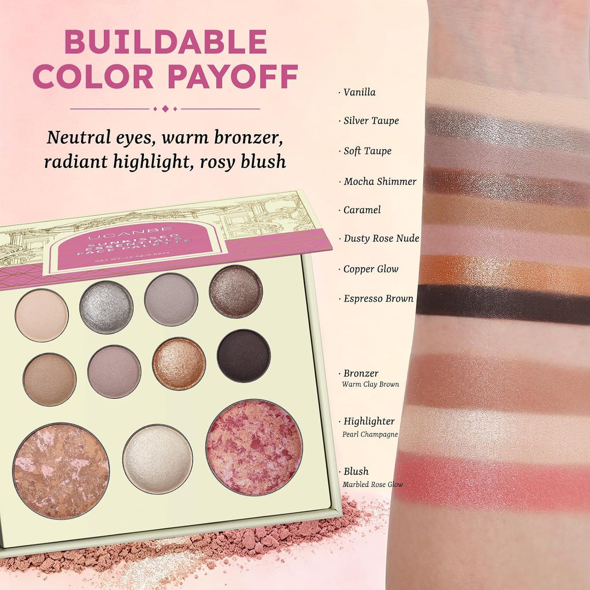 UCANBE Baked Makeup Palette Set - Include Blush, Highlighter, Bronzer, 8 Eyeshadows & Brushes, Pigmented All-in-One Face & Eye Powder Pallet Full Size Holiday Beauty Gift Kit, Travel Friendly